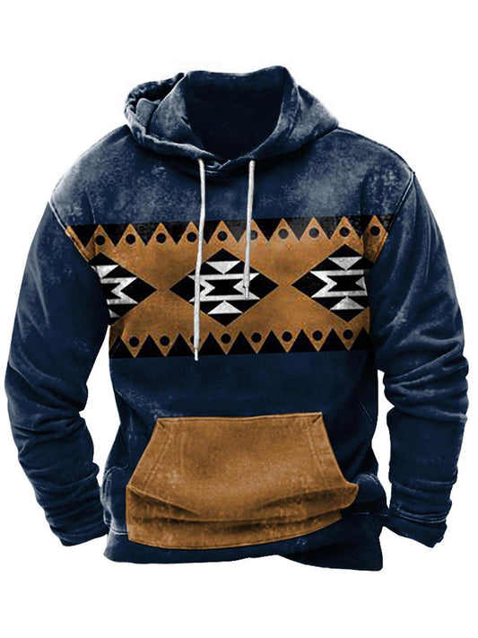 Casual Ethnic Geometric Print Hoodie Pocket Long Sleeve Men's Sweatshirt