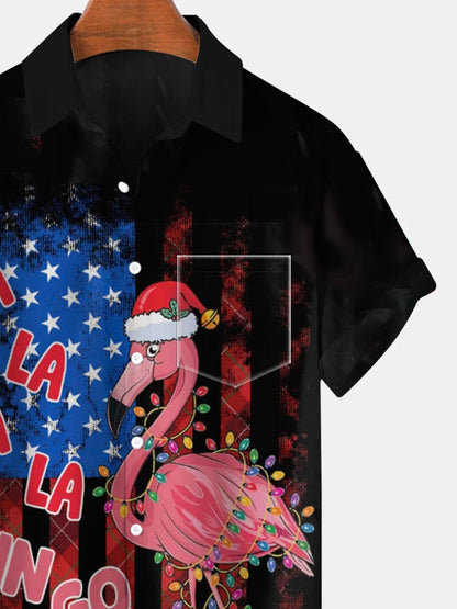 Christmas Flamingo American Flag Short Sleeve Men's Shirts With Pocket