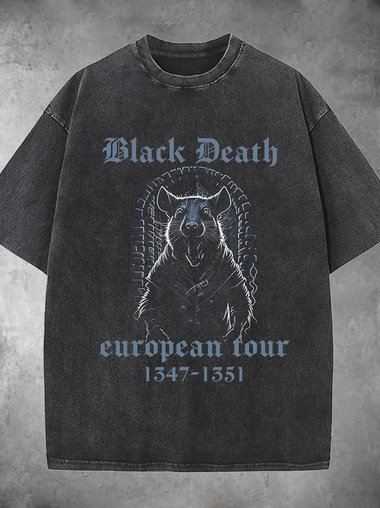 Black Death European Tour Rat Print Washed Short Sleeve Round Neck T-shirt