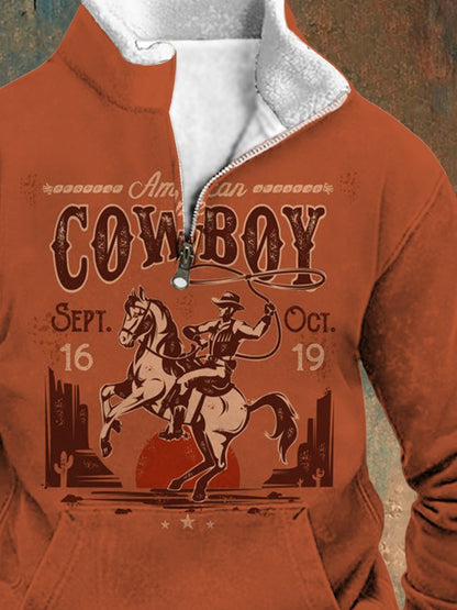Western Denim Print Men's Long Sleeve Stand Collar Zipper Sweatshirt