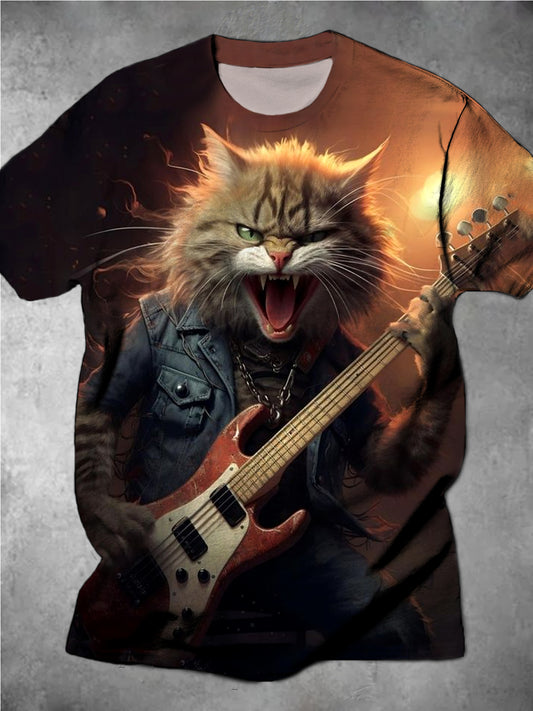 Rock Cat Guitar Round Neck Short Sleeve Men's T-shirt