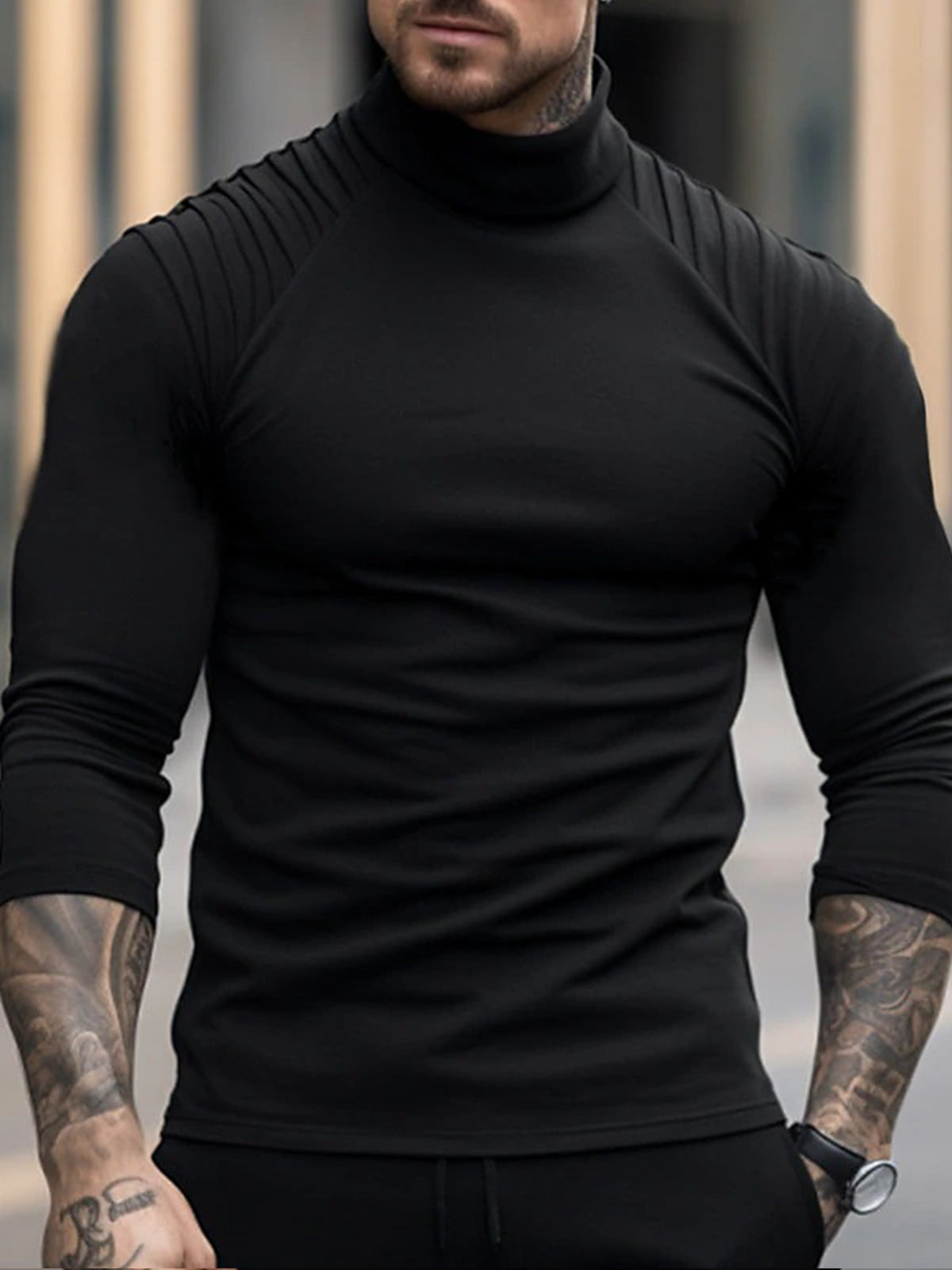 Casual Solid Color Turtleneck Long Sleeve Men's T-Shirt