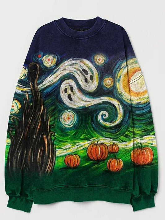 Halloween Spooky Pumpkin Print Men's Long Sleeve Round Neck Sweatshirt