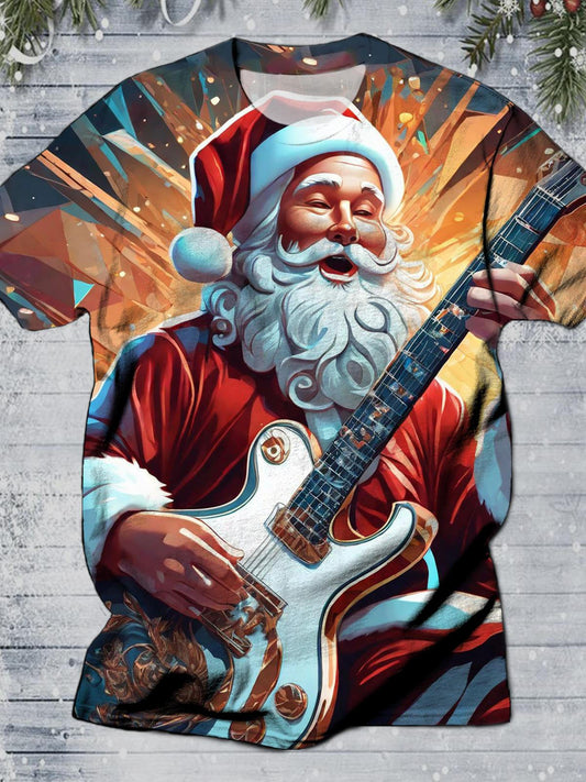 Rock Santa Playing Guitar Round Neck Short Sleeve Men's T-shirt
