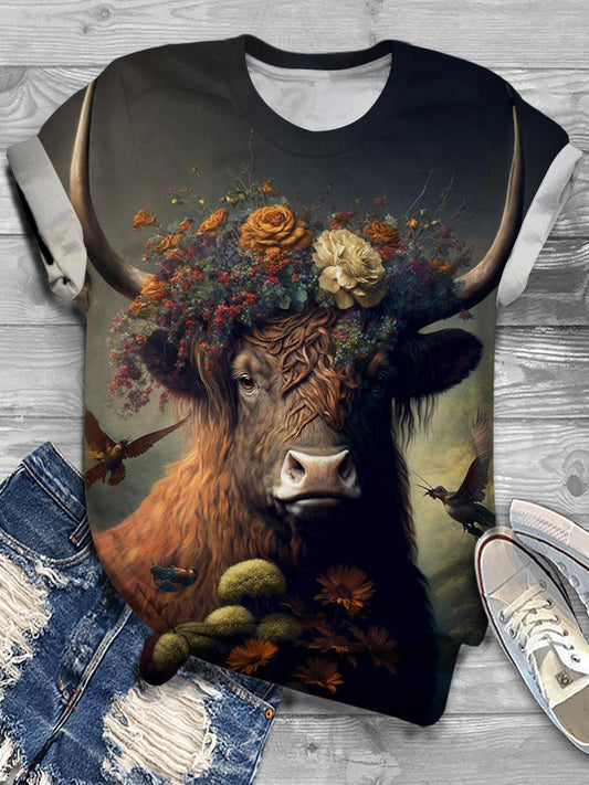 Vintage Flower Highland Cow Crew Neck T-shirt