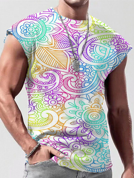 Gradient Color Cashew Flower Print Men's Sleeveless Crew Neck Vest