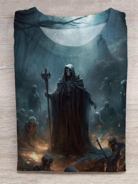 Halloween Grim Reaper Skull Print Round Neck Short Sleeve Men's T-Shirt