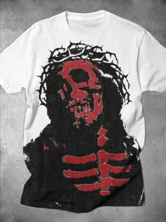 Dark Christ Skull Print Round Neck Short Sleeve Men's T-shirt