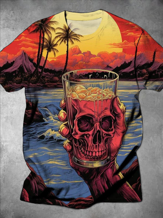 Hawaiian Skull Print Round Neck Short Sleeve Men's T-shirt