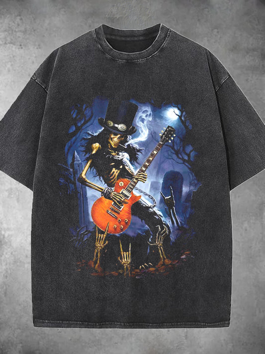 Rock Skull Playing Guitar Print Washed Short Sleeve Round Neck Men's T-shirt