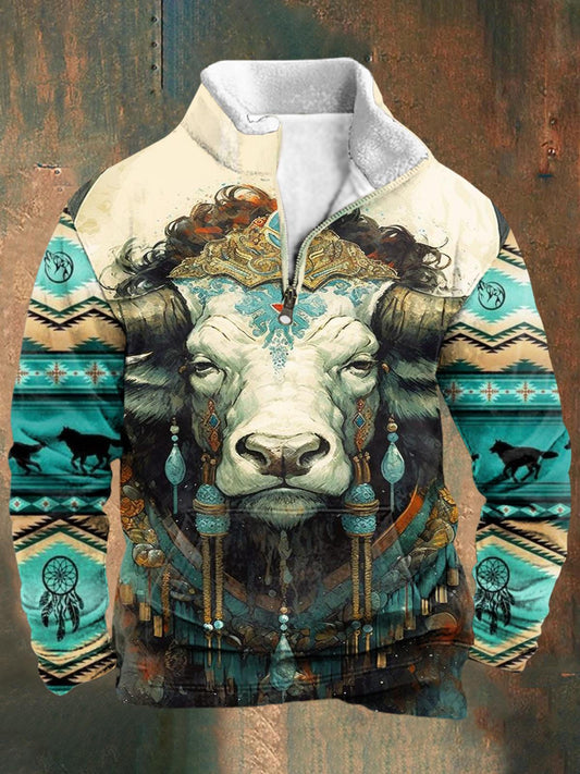 Western Style Oil Painting Cow Print Spliced Sleeves Men's Long-Sleeved Stand-Up Collar Zipper Sweatshirt (With Pockets)