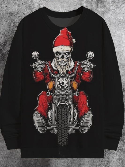 Christmas Skull Motorcycle Print Round Neck Long Sleeve Men's Top