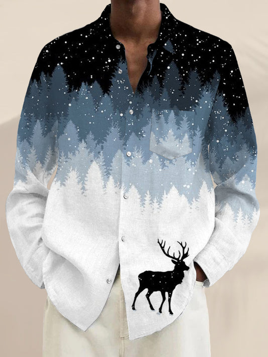 Men's Winter Night Deer Long Sleeve Lapel Shirt With Pocket
