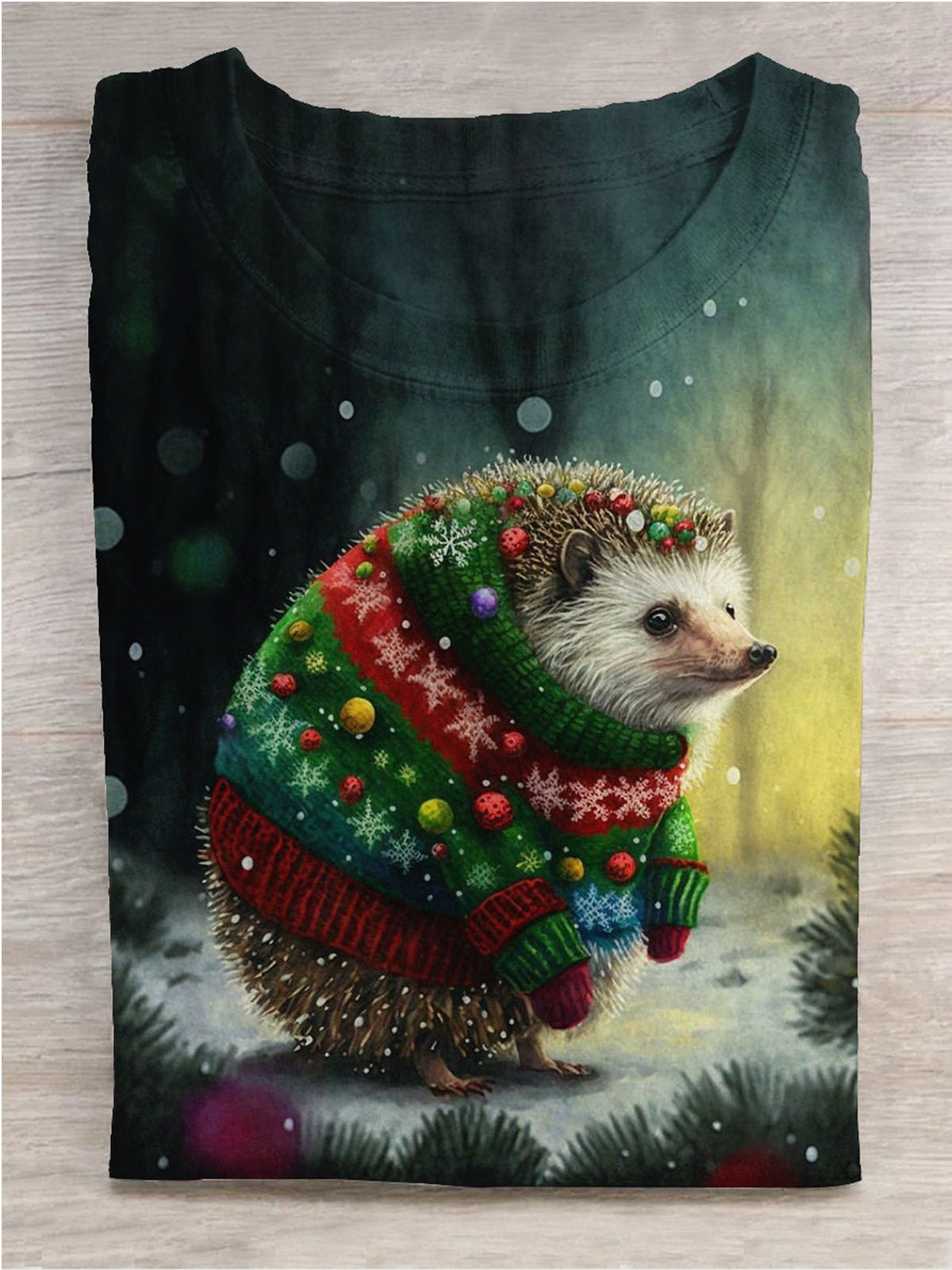 Christmas Hedgehog Print Round Neck Short Sleeve Men's T-shirt