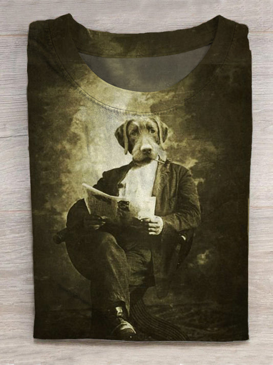 Vintage Dog Print Round Neck Short Sleeve Men's T-shirt