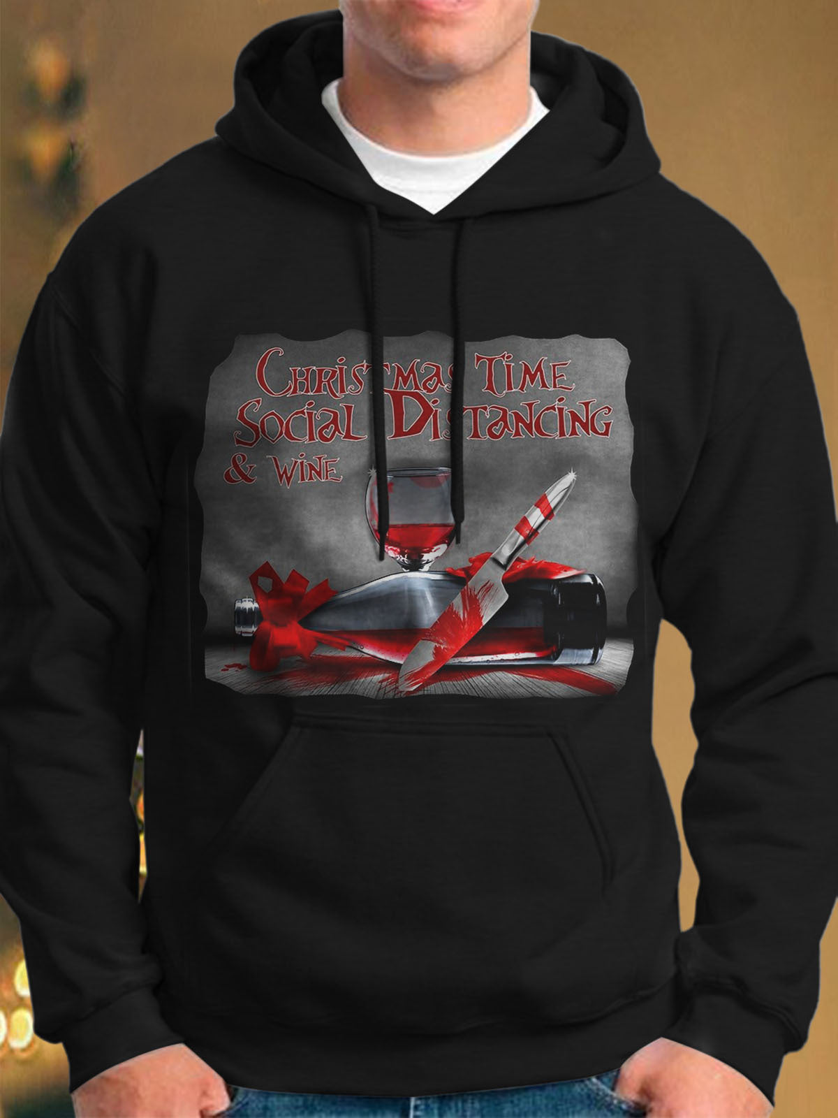 Christmas Time Social Distancing and Wine Long Sleeve Hooded Pocket Men's Top