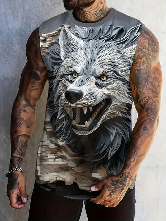 Wolf Head Three-Dimensional Pattern Print Men's Sleeveless Casual Vest