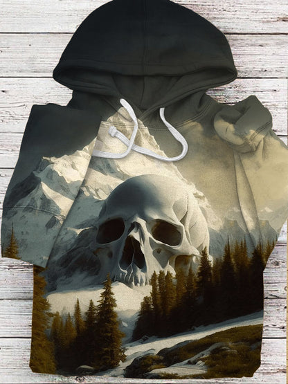 Skull Snow Mountain Print Long Sleeve Hooded Pocket Men's Top