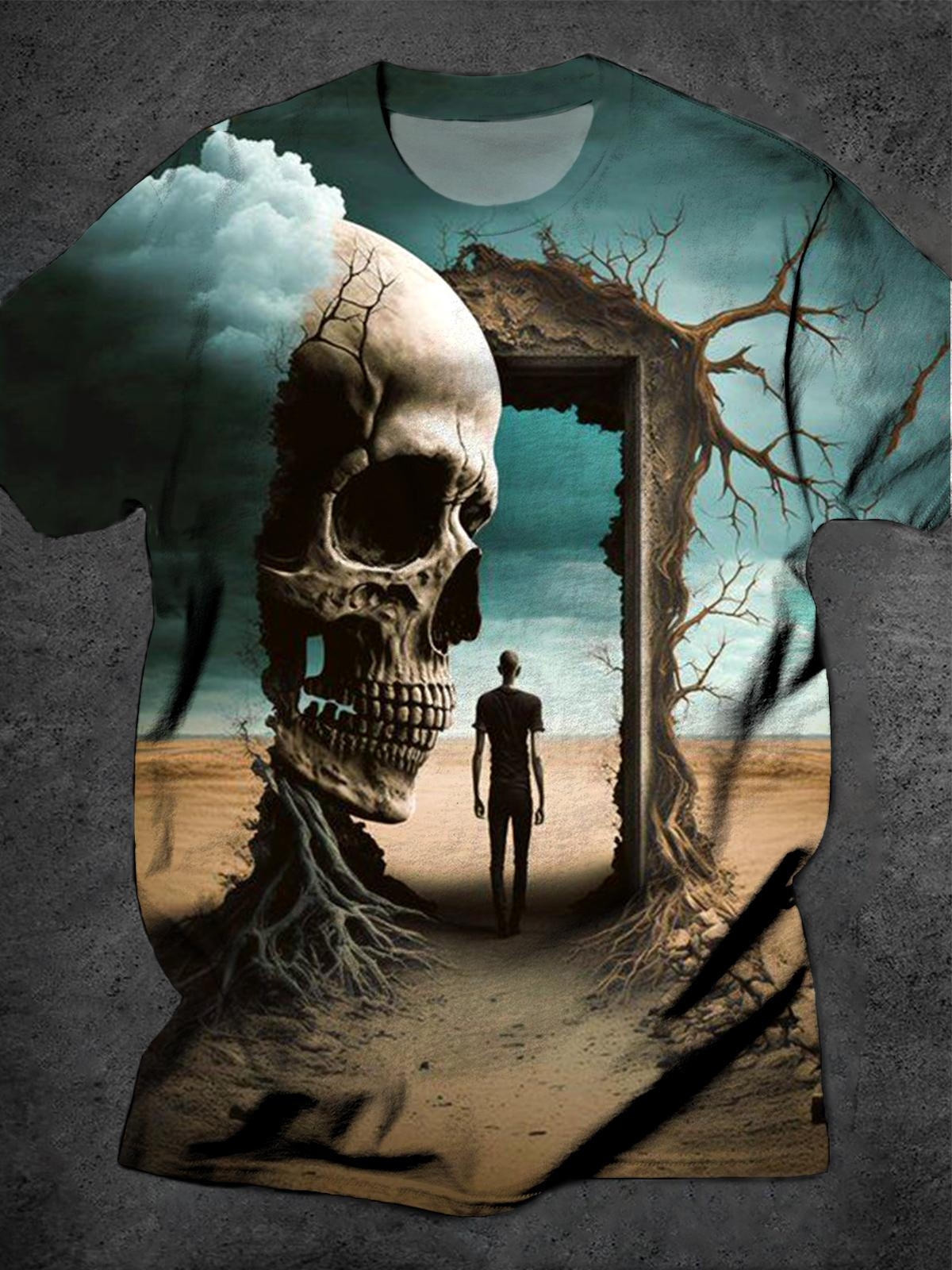 Skull Gate Print Round Neck Short Sleeve Men's T-shirt
