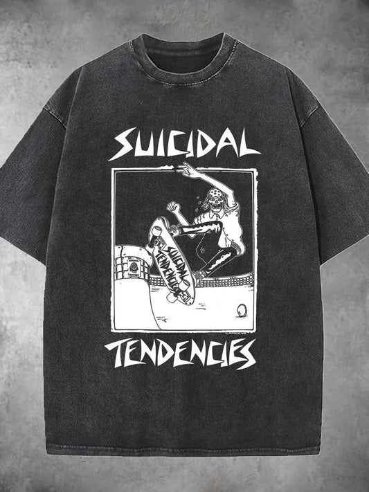 Skateboard Skull Print Washed Short Sleeve Round Neck Men's T-shirt