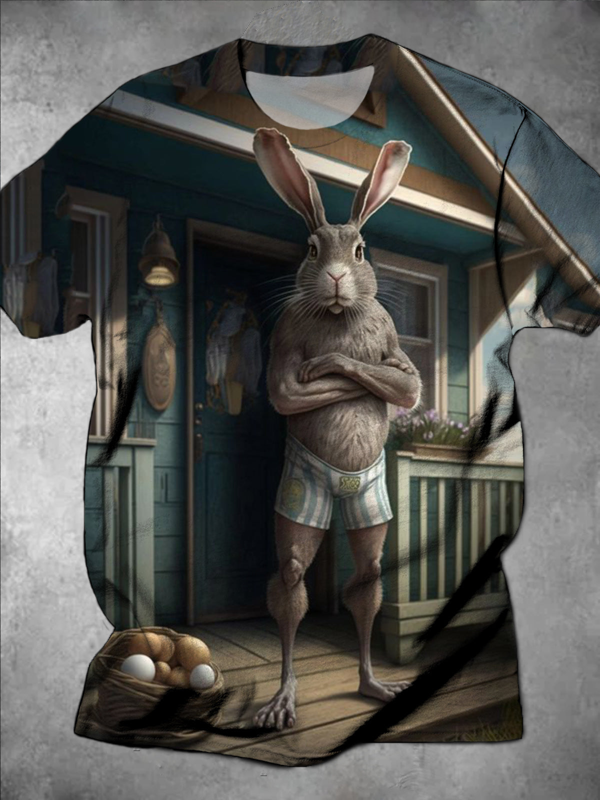 Rabbit Print Round Neck Short Sleeve Men's T-shirt