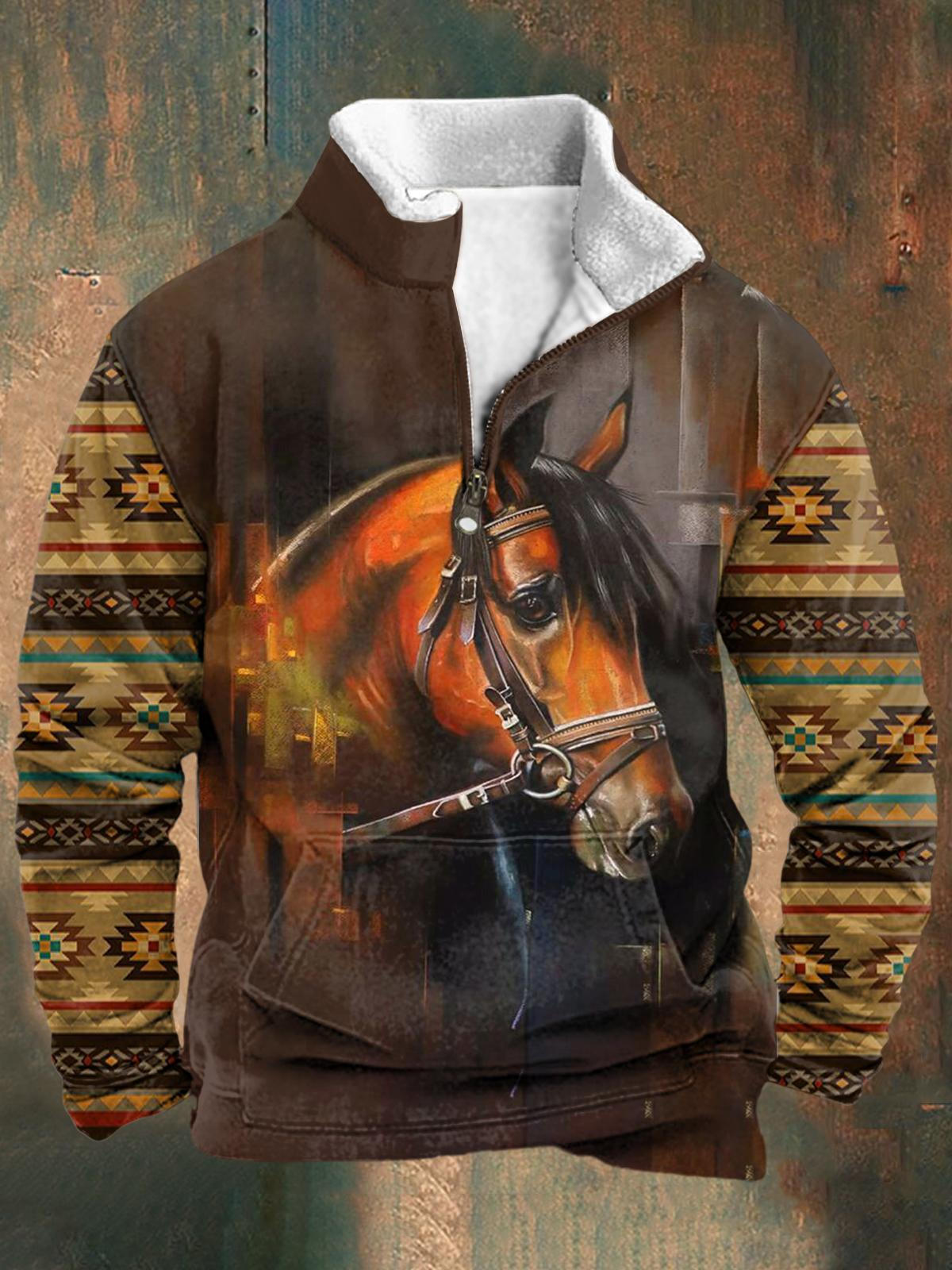 Western Style Retro Oil Painting Horse Print Men's Long-Sleeved Stand Collar Zipper Sweatshirt