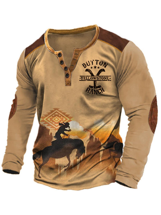 Western Print V Neck Long Sleeve Men's T-Shirt